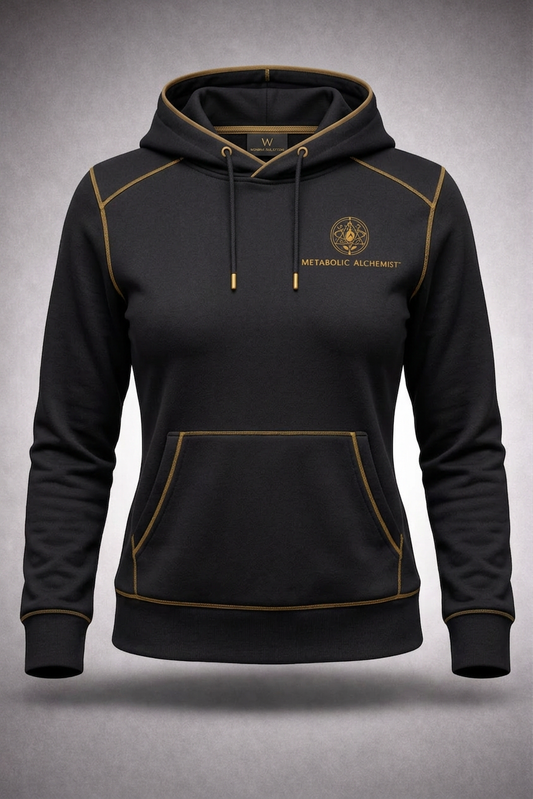 Metabolic Alchemist™ Women's Performance Small Logo Hoodie — Gold Cross-Stitched Edition