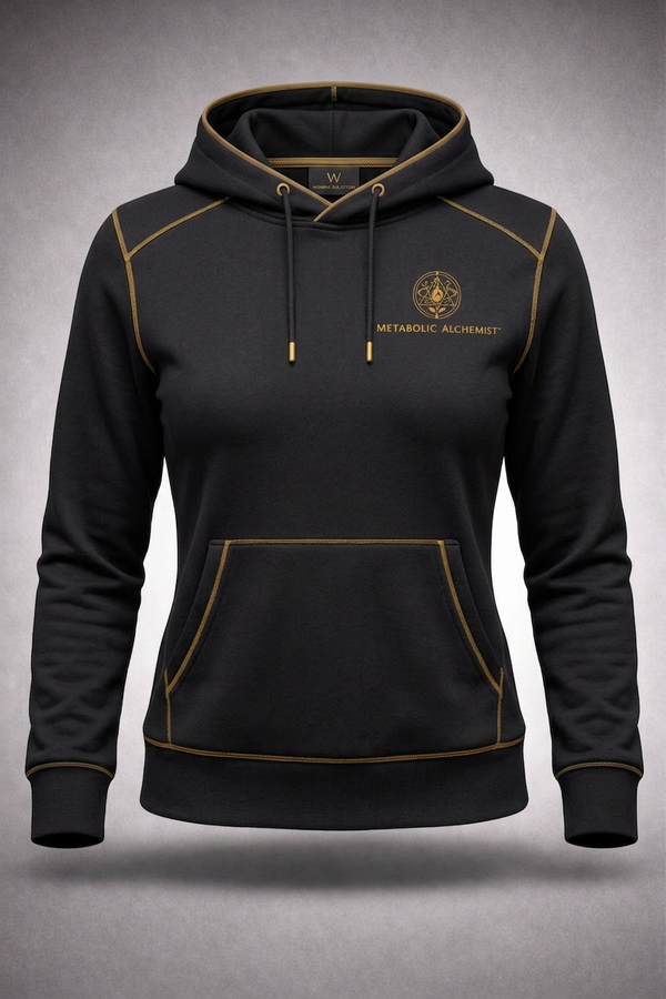 Metabolic Alchemist™ Women's Performance Small Logo Hoodie — Gold Cross-Stitched Edition